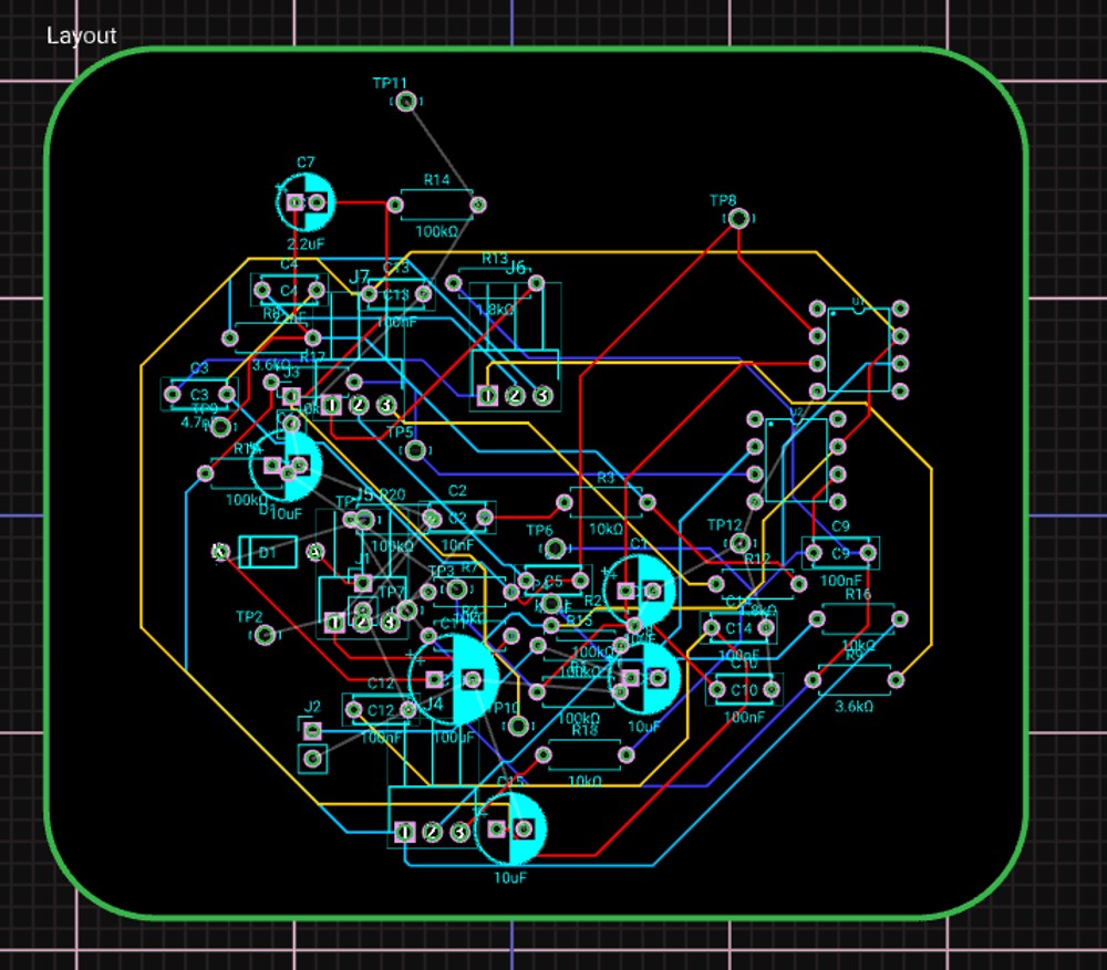 2D PCB layout of the 3-band op-amp audio equalizer