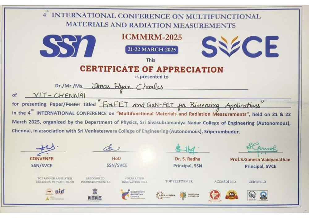 ICMMRM-2025 Certificate of Appreciation for the FinFET & GaN-FET biosensing paper presentation