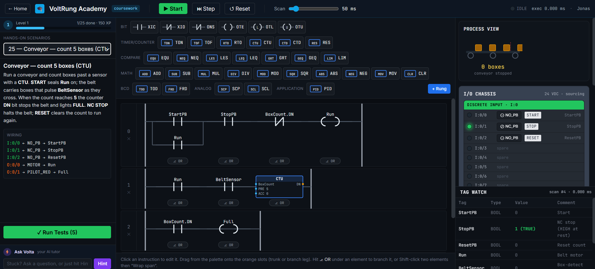 VoltRung Academy studio — the interactive PLC ladder-logic editor, live scan simulator, I/O chassis, and tag watch